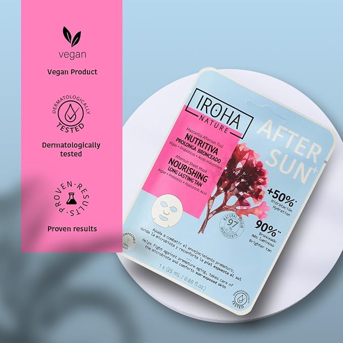 IROHA NATURE AFTERSUN Facial Mask that Nourishes & Prolongs Tan | 15 Pack | With Algae, Probiotics & Hyaluronic Acid | More Hydrated, Strengthened & Glowing Skin | Anti-Aging-FlexoryFit