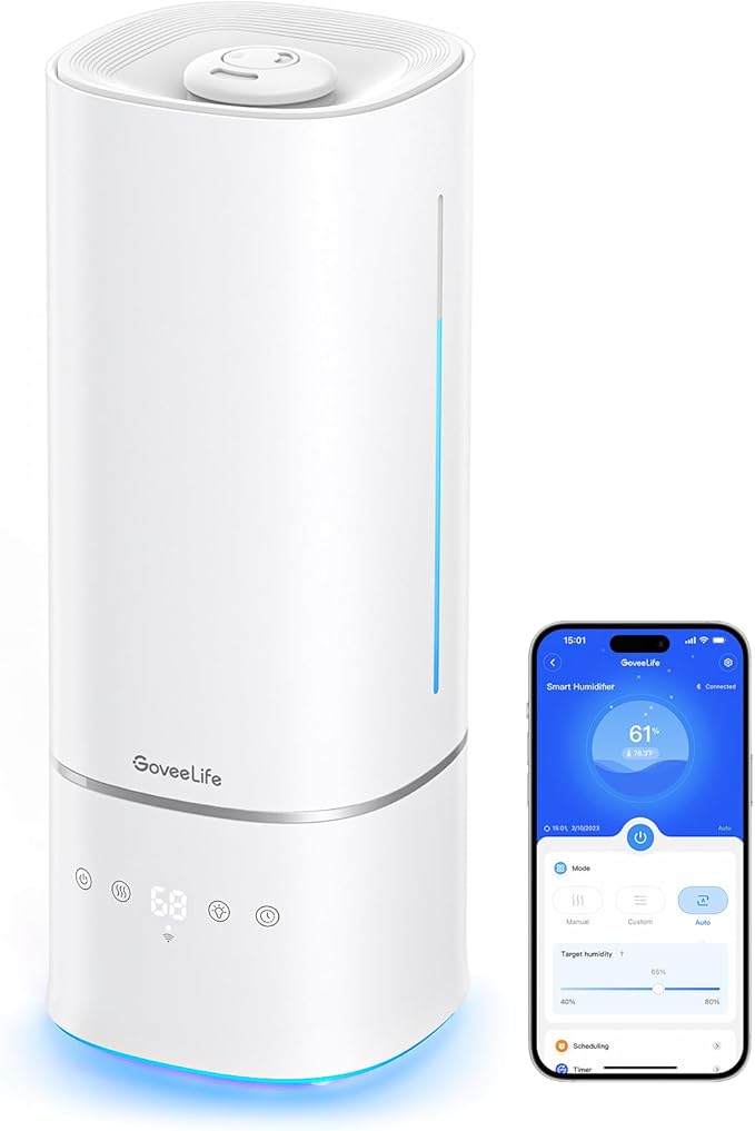 GoveeLife Humidifiers for Bedroom, 6L Top Fill Cool Mist Humidifier for Large Room, Auto Mode, Adjustable Mist, Quiet Sleep Mode, WiFi Smart Air Humidifier with RGB for Baby, Plants, Work with Alexa