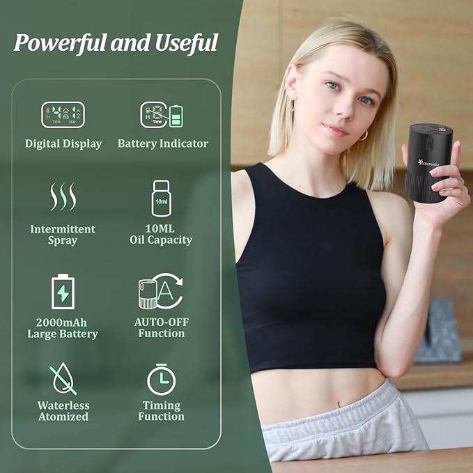 Waterless Diffuser for Essential Oil - Aromatherapy Diffuser for Home with Battery Indicator, Portable Scent Air Machine 1/2/3&Continuous Mist,Timer Function,500Sq.Ft Scent Coverage