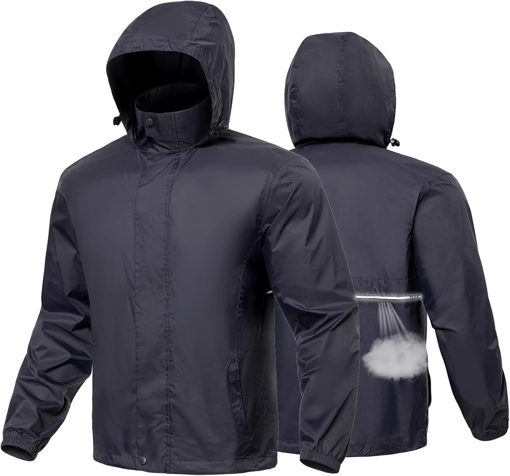 MANSDOUR Men's Packable Rain Jacket Waterproof Lightweight Windbreaker Cycling Golf Hiking Reflective Raincoat with Hood