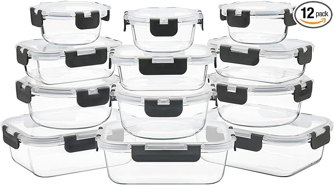 12 Pack Glass Food Storage Containers with Airtight Lids for Meal Prep, Leftover, BPA-Free, Leak-Proof, Freezer to Microwave Safe (12 Lids & 12 Containers)-FlexoryFit