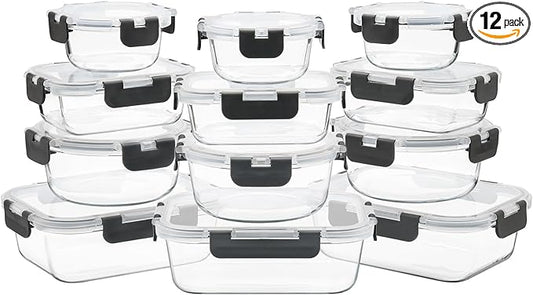 12 Pack Glass Food Storage Containers with Airtight Lids for Meal Prep, Leftover, BPA-Free, Leak-Proof, Freezer to Microwave Safe (12 Lids & 12 Containers)-FlexoryFit