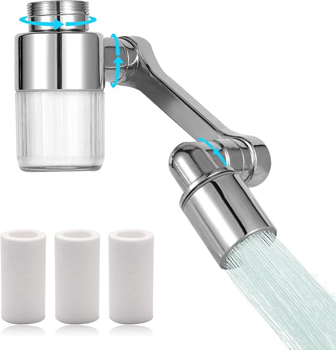 1080° Swivel Faucet-Extender Sink-Aerator - 2 Mode Splash Water Filter Extension, Kitchen Bathroom 360° Rotatable Spray Attachment, Multifunctional Universal Robotic Arm -Wash Hand/Hair/Face (Silver)