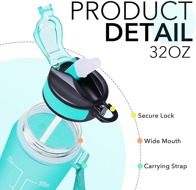 Hyeta 32 oz Water Bottles with Times to Drink and Straw, Motivational Water Bottle with Time Marker, Leakproof, Drinking Sports Water Bottle for Fitness, Gym and Outdoor-FlexoryFit