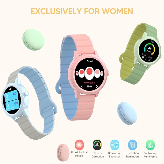 KAVVO Macaron 36mm Round Stylish Watch, 1.106'' AMOLED Retina Screen, Always-on Display, Silicone Magnetic Suction Strap, Female Health Record, Waterproof(Mistic Black)-FlexoryFit