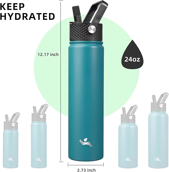 Insulated Water Bottle 24oz Stainless Steel Sport Bottles with 3 Lids,Light Blue-FlexoryFit