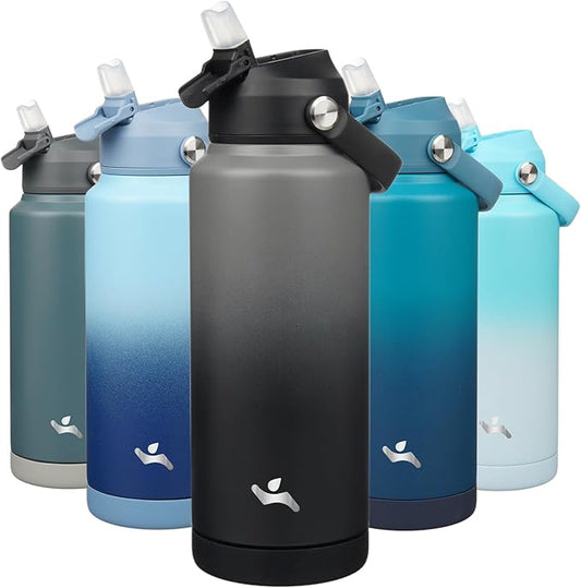 Insulated Water Bottle with Straw Lid,32 oz Stainless Steel Vacuum Metal Bottle with Silicone Handle,Gray Black-FlexoryFit