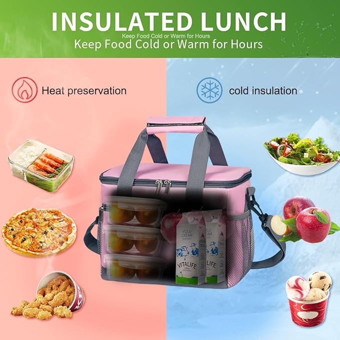 iknoe Large Foldable Cooler Bag, 8.5L Insulated Lunch Bag, Leakproof Lunch Cooler Tote with Multi-Bag Design Suitable for Beach, Picnic and Office Use, Pink 15-Can-FlexoryFit