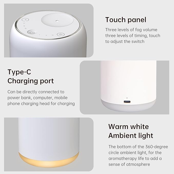 Waterless Essential Oil Diffuser - 120ml Portable Aroma Diffuser for Home Office Car, Ultra-Quiet Cordless Scent Diffuser with 3 Modes, Long-Lasting Fragrance (White)