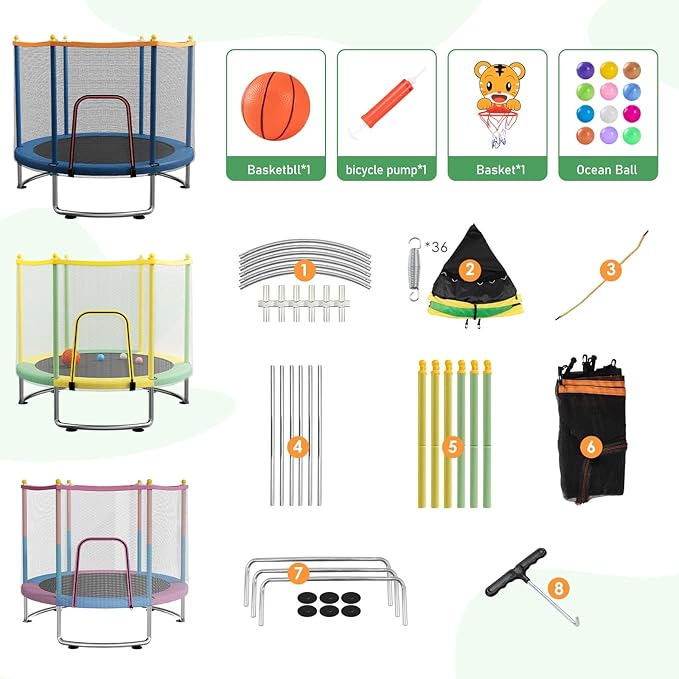 Kids Trampoline with Safety Net – 440lbs Capacity, Upgraded Rust-Proof Ring Legs, Adjustable Gymnastics Bar & Toys – Indoor Outdoor Toddler Trampoline for Boys & Girls Ages 1-8-FlexoryFit