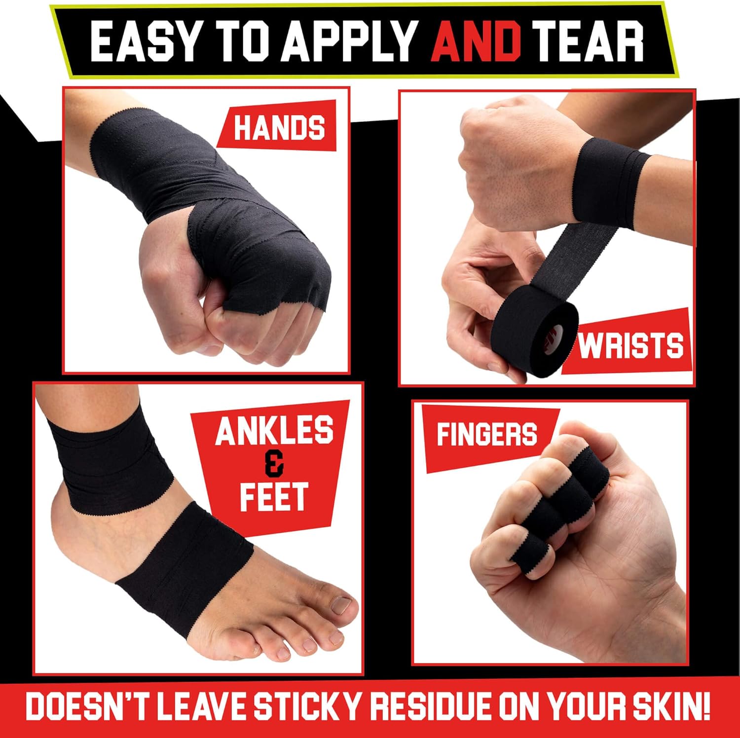 Black Athletic Tape Extremely Strong: 8 Rolls + 2 Finger Roll. Easy to Apply & No Residue. Sports Tape Athletic for Boxing Football Climbing or Gymnastics for Wrist Ankle & Hand Protection