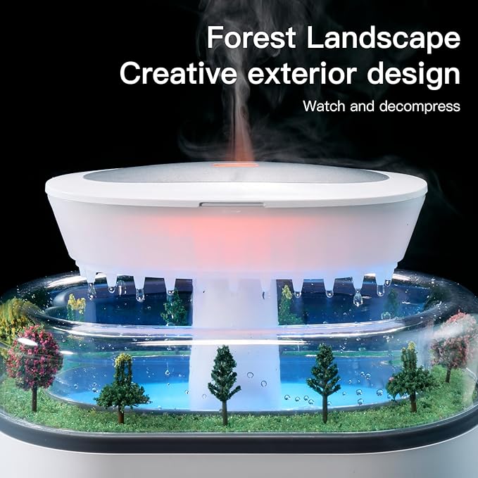 Essential Oil Diffuser 250ML Cloud Humidifier Rain Water Drip Diffuser Humidifier with Drip Music Micro Landscape Ultrasonic Diffuser for Bedroom Office Hotel (White Grey)