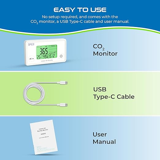 Sper Scientific Digital Indoor Air Quality Meter Monitor 800052 w/NDIR CO2 Sensor - CO2, Temperature & Humidity Meter w/Time & Large Color Coded Display for Home, Office, School & Hotel Room - 2 pc