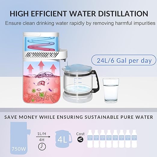 Upgraded Water Distiller for Home Countertop 1.1 Gallon Distilled Water Machine with Smart Digital Display, 750W Distilled Water Maker Purifier Machine with 4L Glass Container for Home Office Use