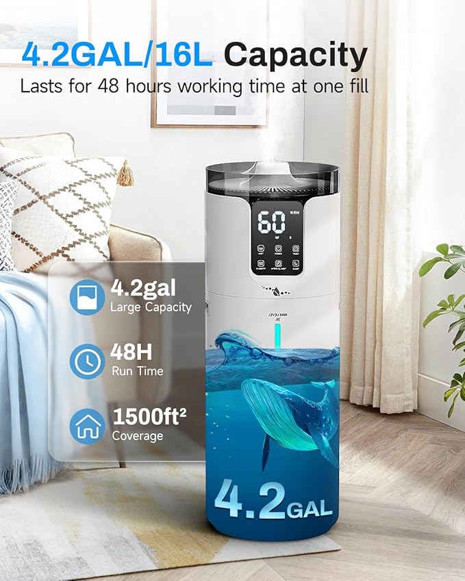 Humidifier Large Room, 4.2 Gal/16L Large Humidifier for 1500 sq.ft, 360° Nozzles Cool Mist Ultrasonic, Top Fill Tower Humidifiers for Bedroom Office Plant wholehouse with Extension Tube, Night Light