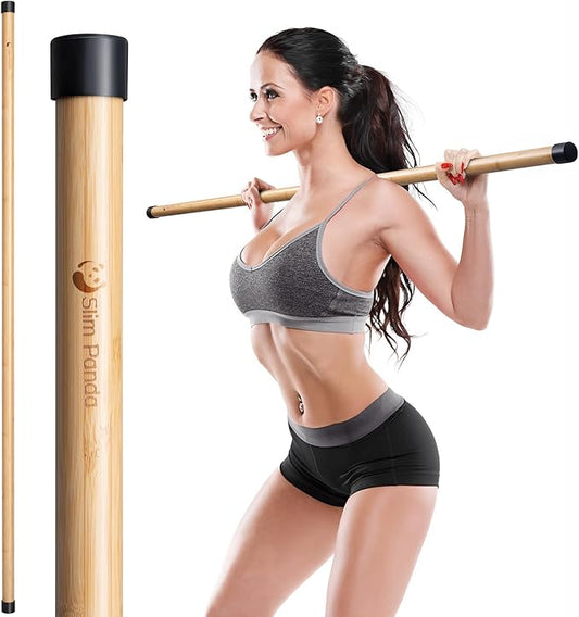 Slim Panda Yoga Stick, 5ft Natural Bamboo Stick with Rubber Ends, Exercise Stretching Stick for Yoga, Stretching, Balance and Correcting Posture, Rehabilitation Physical Therapy Aids-FlexoryFit