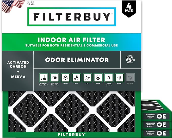 Filterbuy 14x14x1 Air Filter MERV 8 (MPR 700) Odor Eliminator Replacement (4-Pack), Electrostatic Pleated HVAC AC Furnace Filters w/Activated Carbon, Made in USA (Actual Size: 13.75 x 13.75 x 0.75)