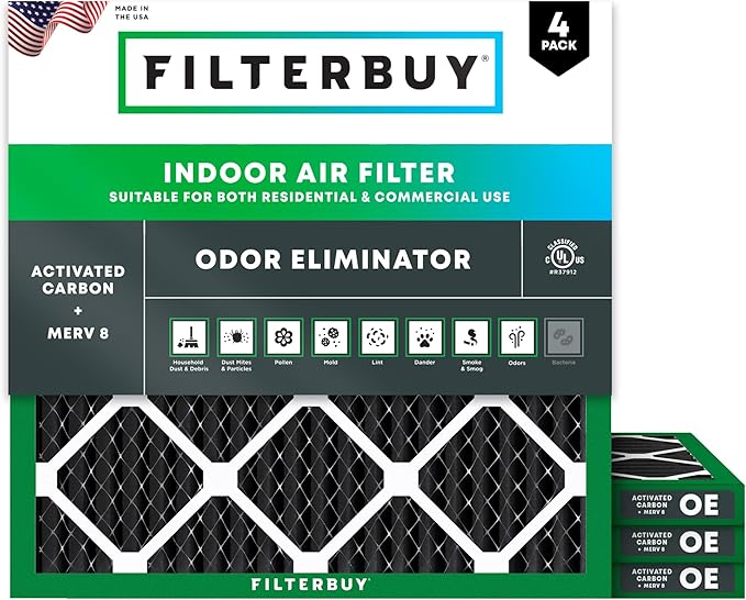 Filterbuy 18x18x1 Air Filter MERV 8 (MPR 700) Odor Eliminator Replacement (4-Pack), Electrostatic Pleated HVAC AC Furnace Filters w/Activated Carbon, Made in USA (Actual Size: 17.75 x 17.75 x 0.75)