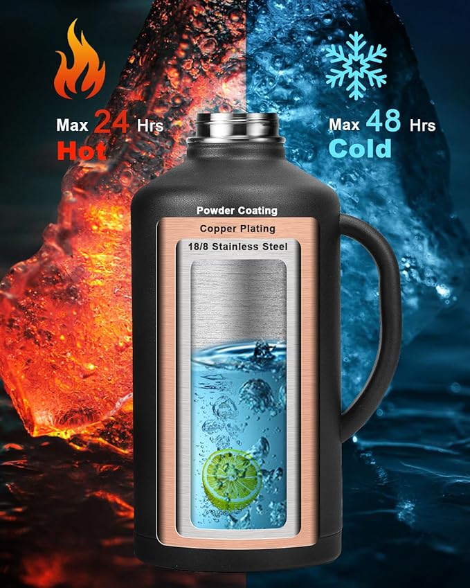 128 oz Insulated Water Bottle with Straw and Lid, One Gallon Stainless Steel Cup with Handle,Leakproof Metal Travel Jug Flask Mug Tumbler Cup With Carry Pouch and Brush,Keep Cold & Hot,Black-FlexoryFit