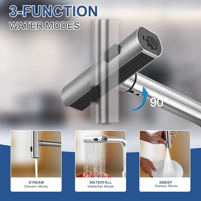 Kitchen Faucet with Pull Down Sprayer: ALEASHA Waterfall Kitchen Sink Faucet with 3 Function Pullout Sprayer, Single Hole for RV/Bar, 360° Swivel Faucets with Spout Soap Dispenser, Brushed Nickel