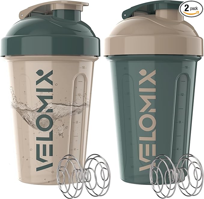 '-2 Pack- 20 oz Protein Shaker Bottles for Protein Mixes, 2x Wire Whisk, Leak Proof Shaker Cups for Protein Shakes and Pre Workout, Protein Shaker Bottle Pack, Protein Mixer Cup(Blue&Beige)-FlexoryFit