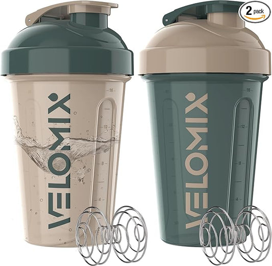 '-2 Pack- 20 oz Protein Shaker Bottles for Protein Mixes, 2x Wire Whisk, Leak Proof Shaker Cups for Protein Shakes and Pre Workout, Protein Shaker Bottle Pack, Protein Mixer Cup(Blue&Beige)-FlexoryFit