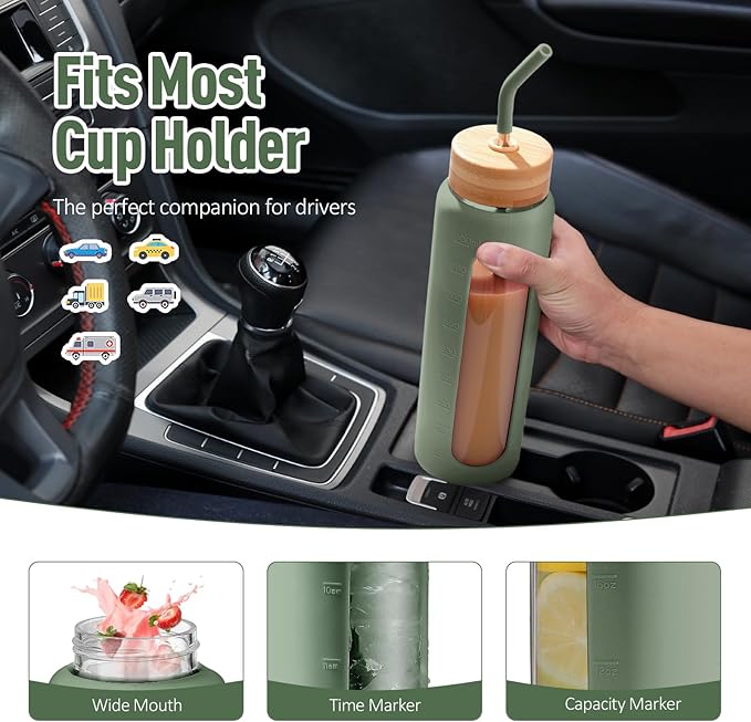 Kodrine Water Bottle with Straw, 24 oz Glass water Bottle with 2 Lids Bamboo Straw Lid and Spout Lid with Handle, 32 oz Clear Water Bottle Glass for Sports Travel, Waterbottle with Time Marker-FlexoryFit