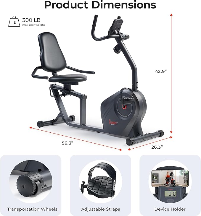 Sunny Health & Fitness Smart Heavy-Duty Recumbent Bike w/Wide Cushioned Seat & Back, Indoor Cycling Machine for Adult/Seniors Home Exercise, Free SunnyFit App Connect, Optional Workout Training Bands-FlexoryFit