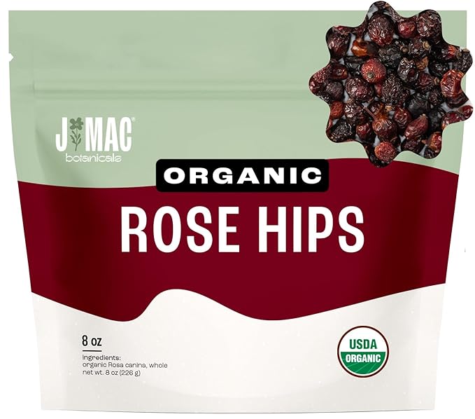 J MAC BOTANICALS Organic Rose Hips (8 oz Bag) Whole, natural organic dried rose hips for herbal tea, rosehips dried organic, rosehip tea, packaged in the USA-FlexoryFit