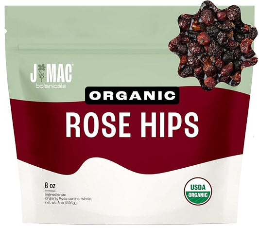 J MAC BOTANICALS Organic Rose Hips (8 oz Bag) Whole, natural organic dried rose hips for herbal tea, rosehips dried organic, rosehip tea, packaged in the USA-FlexoryFit