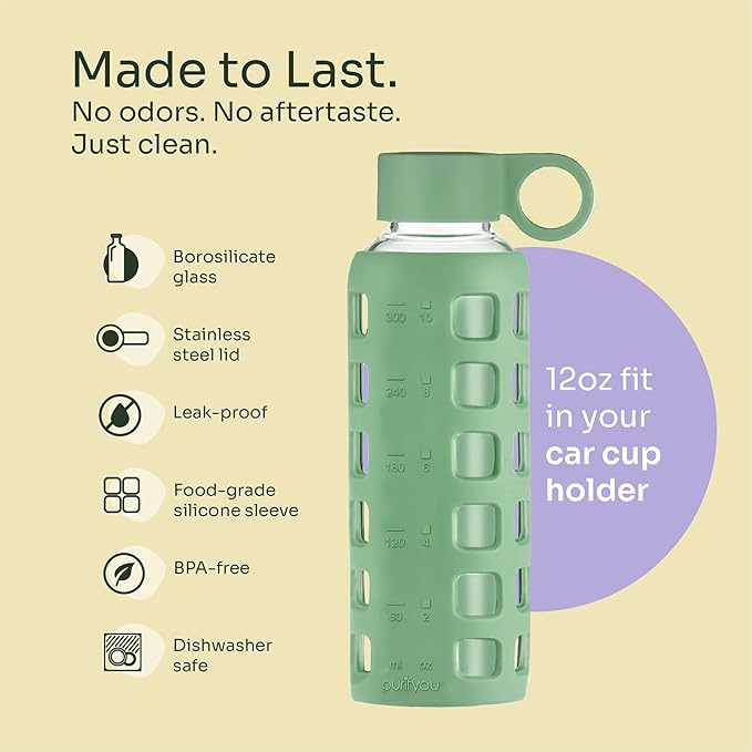 purifyou 40oz / 32oz / 22oz / 12oz Borosilicate Glass Water Bottle with Time & Volume Markers, Silicone Sleeve, Stainless Steel Lid | Reusable Glass Bottle for Water & Juice (12oz Shale Green)
