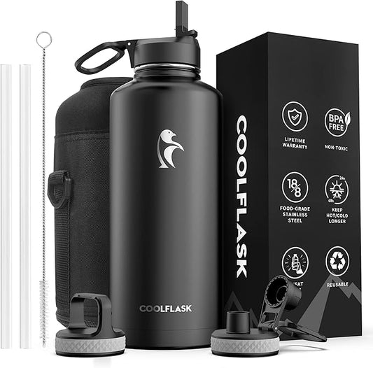 Insulated Water Bottle 87 oz with Straw, Coolflask 2/3 Gallon Stainless Steel Metal 3 Lids Large Water Jug for Sports or Office, Non-BPA Keep Cold Up to 48 Hrs or Hot Up to 24 Hrs, Magic Black-FlexoryFit