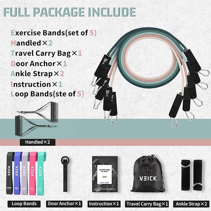 VEICK Resistance Bands, Exercise Bands for Working Out with Handles, Elastic Workout Bands for Men Women, Exercising Bands for Strength Training Equipment at Home Gym-FlexoryFit