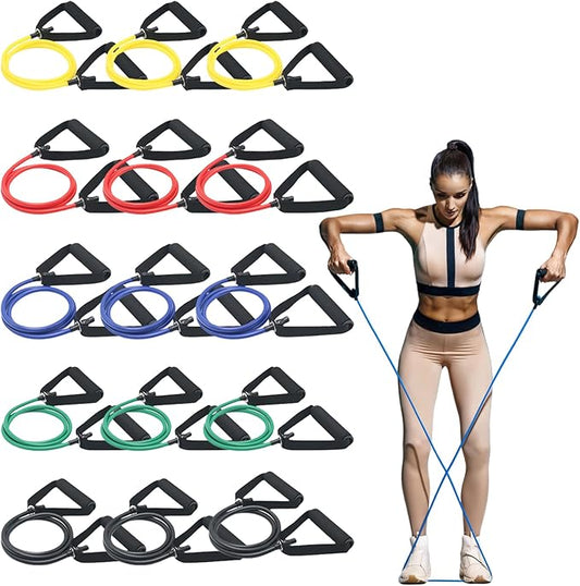 15 Pcs Resistance Bands with Handles for Home Workouts, Exercise Bands Set for Physical Therapy, Strength Training & Fitness for Women and Men-FlexoryFit