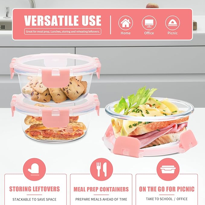 12 Pack 13oz Small Glass Food Storage Containers with Lids Airtight, Leak-Proof Round Meal Prep Containers Set, Freezer to Microwave Safe, Dishwasher Safe-FlexoryFit