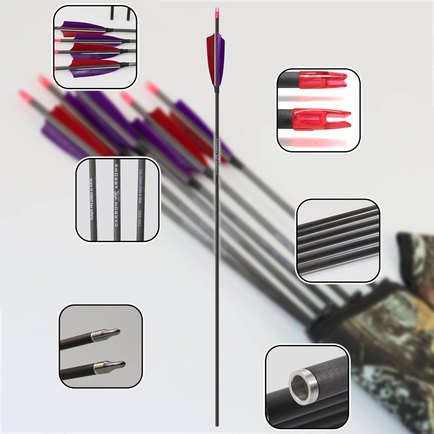 600 Spine Pure Carbon Arrows with Real Turkey Feathers Removable 100 Grain Tips Plastic Nocks for Archery Target Hunting