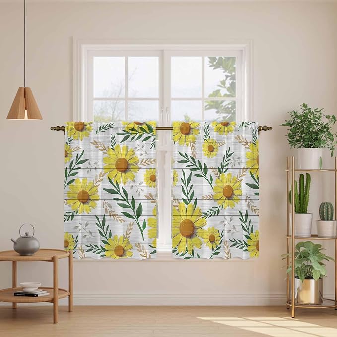 Yellow Daisy Tier Curtains, Farmhouse Country Flower Leaf Plant Wood Grain - Image 3