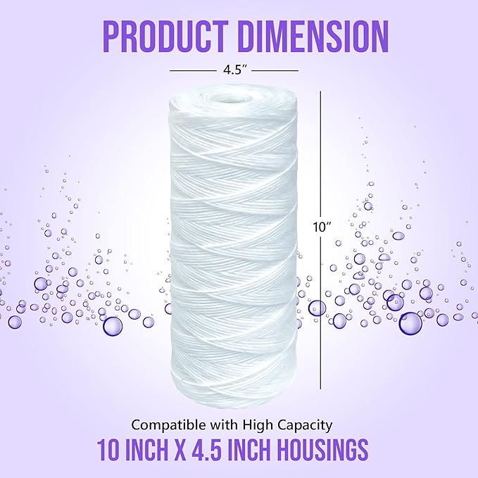 High Capacity Wound String 5 Micron Sediment Water Filter Cartridge 10” x 4.5” Removes Sand, Dirt, Silt, Rust, Extended Filter Life Compatible with 355215-45, 84637, PC10, WP1097P, WPX597P (10 Pack)