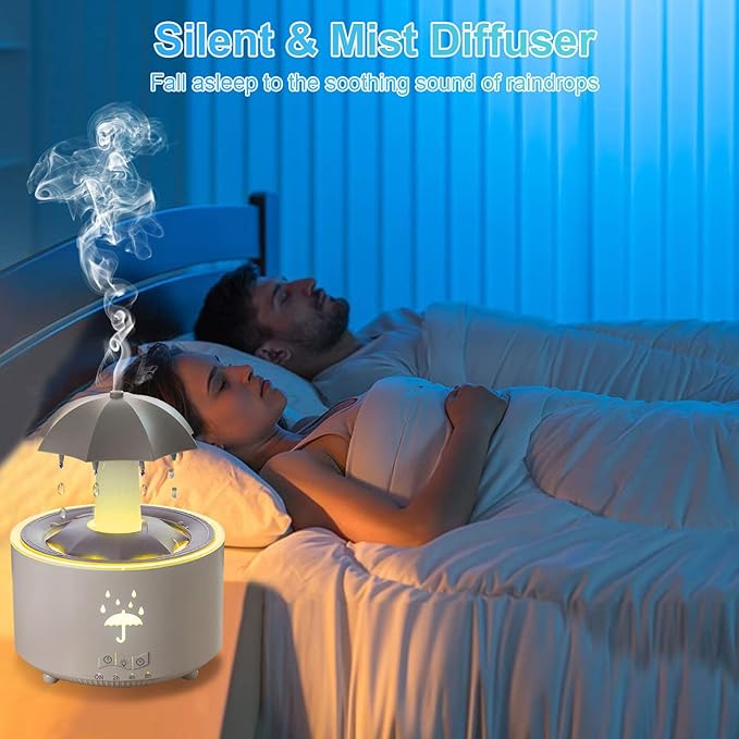 Raindrop Humidifier for Bedroom and Office, Essential Oil Diffuser with 7-Color LED Lights, 4-Timer Air Humidifier, Ideal 300ML Mini Air Vaporizer for Nursery & Families (White Rotatable Umbrella)