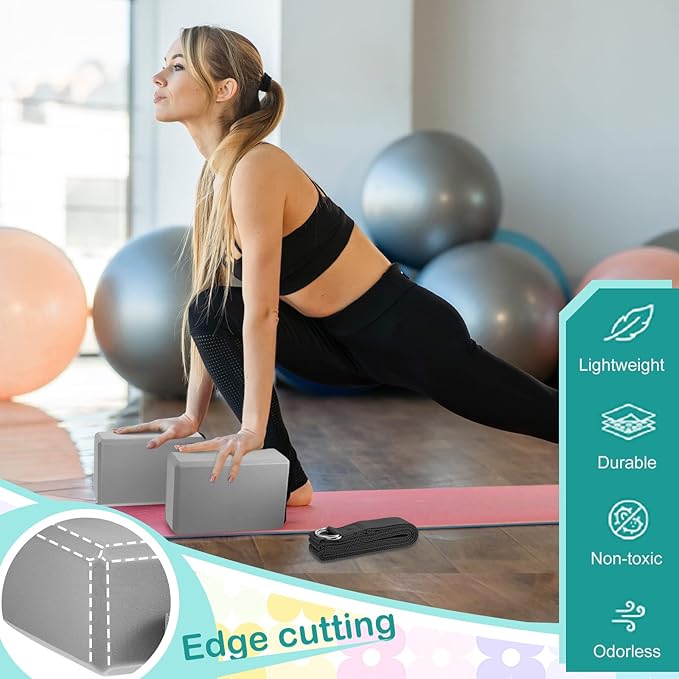 Meooeck 18 Pcs Yoga Block and Strap Set 9 x 6 x 3 Inch EVA Foam Non Slip Brick 8 ft Yoga Straps for Stretching D Ring Design for Back to School Pilates Fitness Workout Exercise-FlexoryFit