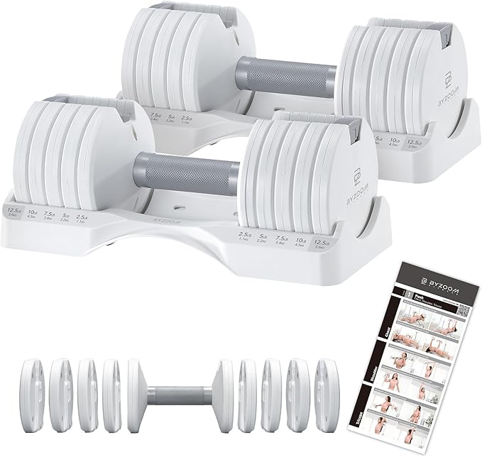 Adjustable Dumbbell – 12.5/25lb Single Unit OR Set of 2 – 5-in-1 Adjustable Weight for Home Gym, Strength Training & Fitness Workouts, White OR Black-FlexoryFit