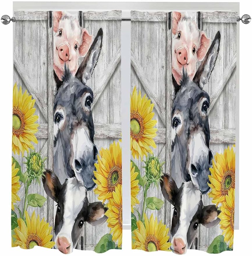 Farmhouse Living Room Curtains 72 Inches length, Watercolor Sunflowers Animals by Unknown