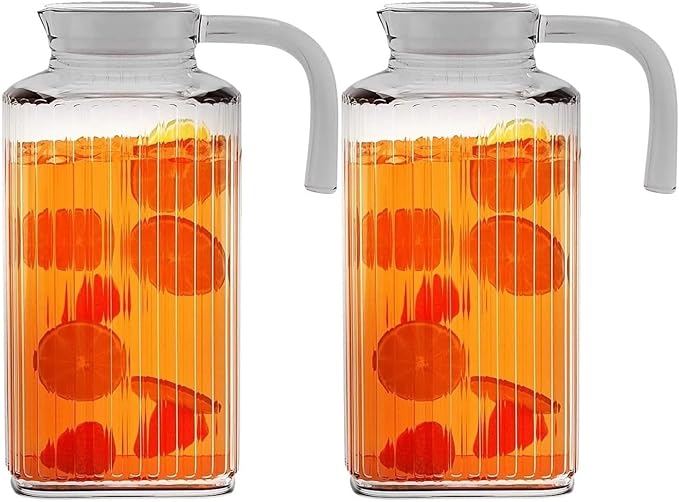 Home Essentials & Beyond Fridge Pitcher Set of 2 - 60 OZ. Glass Water Pitcher With Lid, Practical and Easy to Use, Great for Lemonade, Iced Tea, Milk, Cocktails and More Beverages