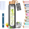 Aqulea Glass Water Bottles 32 Oz with Silicone Sleeve - BPA Free Reusable Wide Mouth Glass Motivational Water Bottles with Fruit Infuser – Leak Proof Borosilicate Water Bottle with Time Marker (Dark)