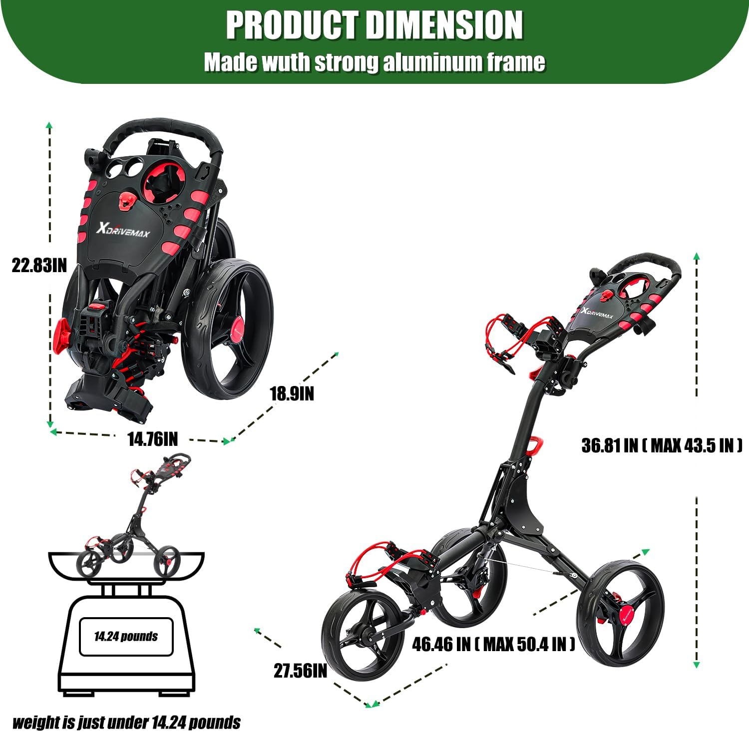 Golf Push Cart Series: 2-Wheel, 3-Wheel, 4-Wheel & 360° Swivel Front Wheel