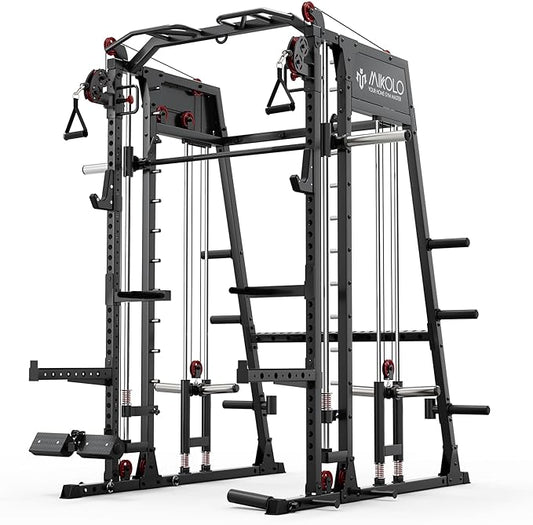 Mikolo Smith Machine, 2200lbs Squat Rack with LAT-Pull Down System & Cable Crossover Machine, Training Equipment with Leg Hold-Down Attachment-FlexoryFit