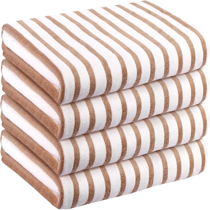JML Microfiber Towels, Bath Towel Sets (4 Pack, 27" x 55") - Extra Large, Soft, Absorbent, Fast Drying, Multipurpose for Hair Wrap, Swimming, Fitness, Sports, Yoga -Stripe Coffee-FlexoryFit