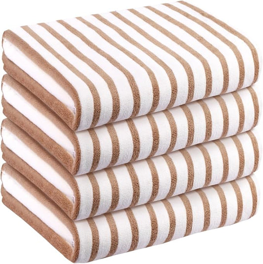 JML Microfiber Towels, Bath Towel Sets (4 Pack, 27" x 55") - Extra Large, Soft, Absorbent, Fast Drying, Multipurpose for Hair Wrap, Swimming, Fitness, Sports, Yoga -Stripe Coffee-FlexoryFit