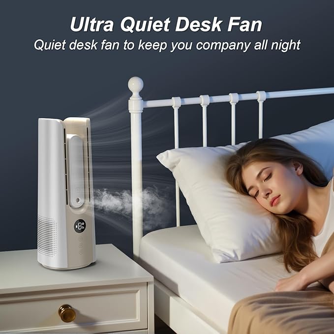 Desk Fans Small Quiet with Humidifier, 14 Inch Bladeless Desk Fan with 9 Speed Adjustment, 60° Oscillating, 8 H Timer, 2 Modes Desktop Cooling Fan for Bedroom, Office, Nightstand, Sleep, White