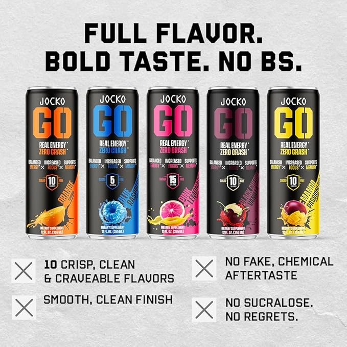 Jocko GO Energy Drink - Keto, Vitamin B12, Vitamin B6, Electrolytes, L Theanine, Magnesium- Energy Boost, Sugar Free Nootropic Monk Fruit Blend - 12 Pack (Nitro Pop)-FlexoryFit